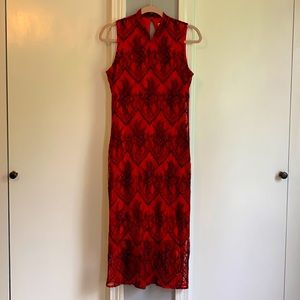 Red and black lace dress with high neckline. Size M